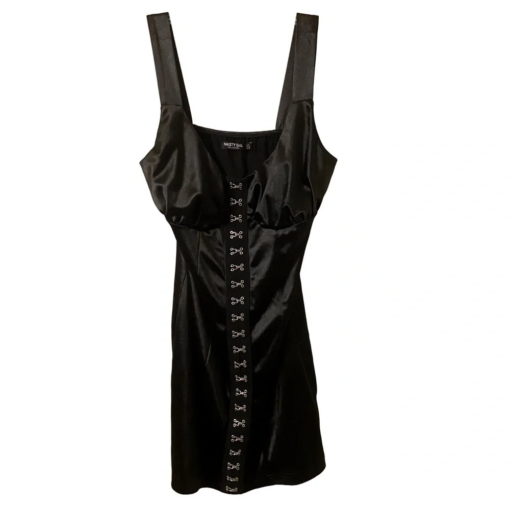 NASTY GAL Black Satin Ruched Bustier Hook And Eye Dress Size 6. - Picture 2 of 6